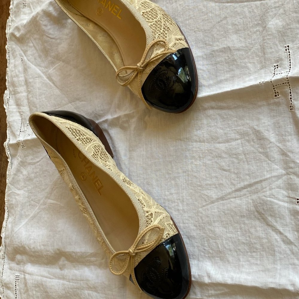 Chanel Ballet Flat Black Patent Leather Toe & Heel